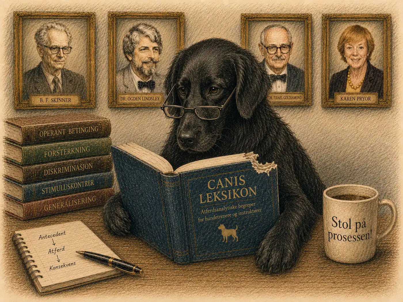 Flat coated retriever med briller leser Canis Leksikon