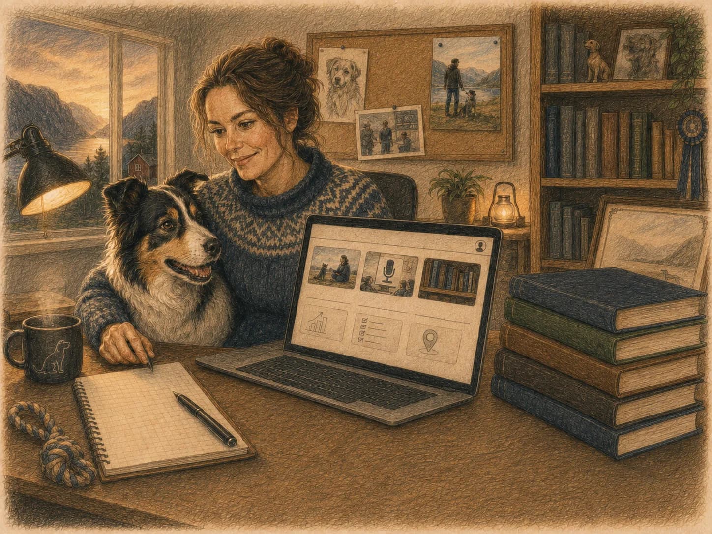 Kvinne ved en laptop med border collien sin inntil seg, med notatbok, kaffekopp og bøker på bordet.